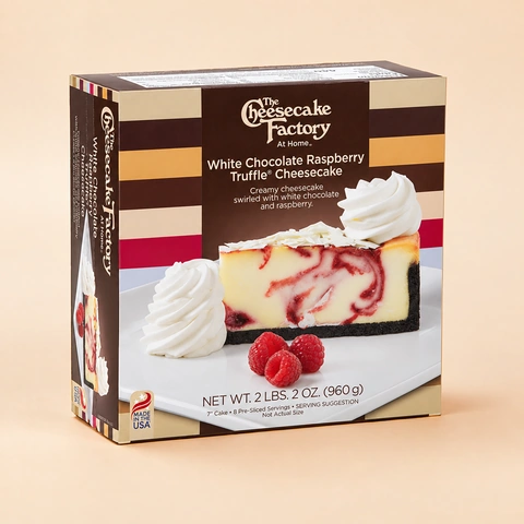 The Cheesecake Factory At Home White Chocolate Raspberry Truffle Cheesecake — standing retail box