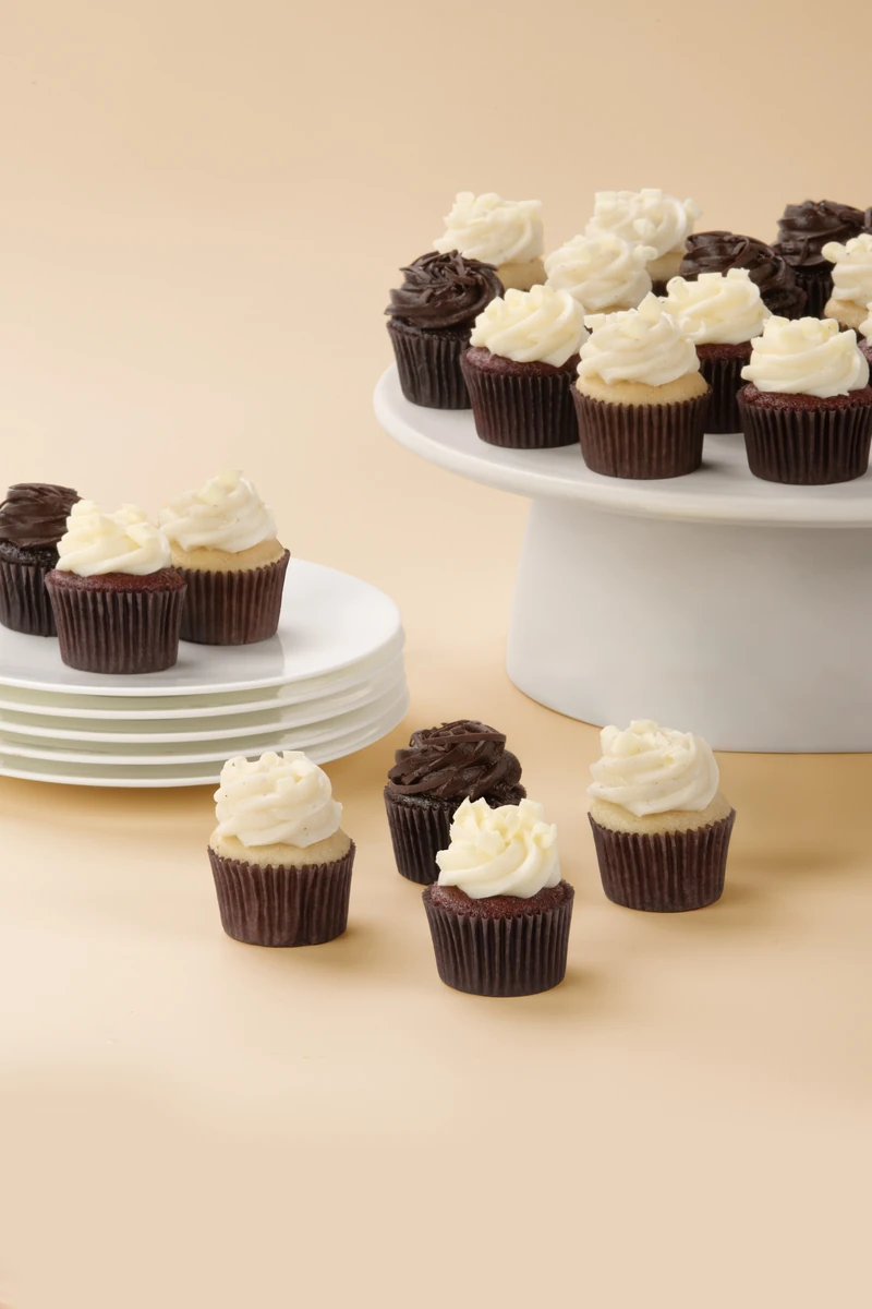 Assorted chocolate, red velvet and vanilla mini cupcakes on a peach background