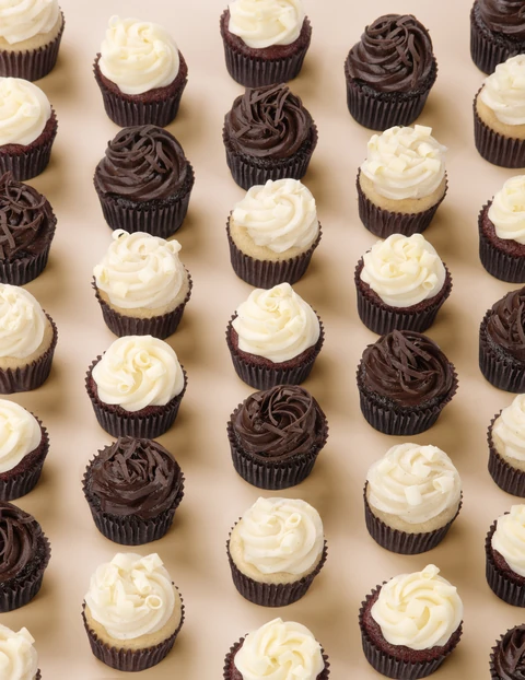 Rows of chocolate, red velvet and vanilla mini cupcakes