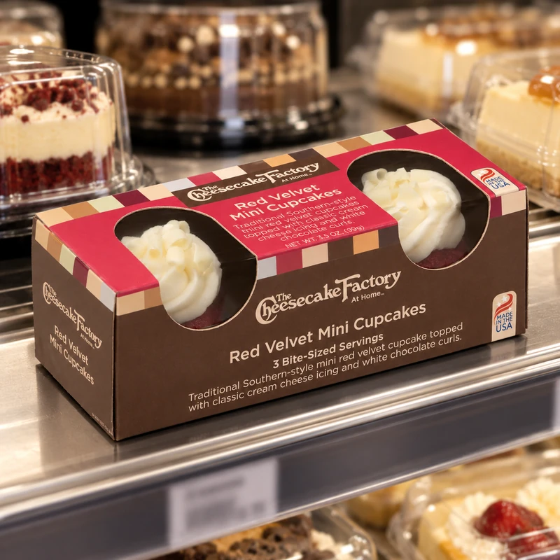 The Cheesecake Factory At Home Red Velvet Mini Cupcakes in branded packaging on a retail shelf