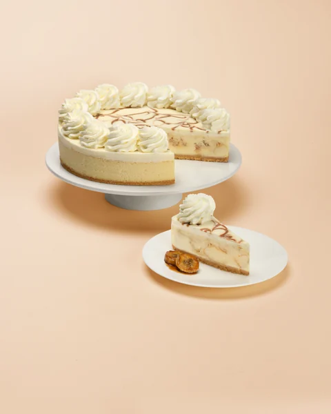 Bananas Foster — whole cake and plated slice