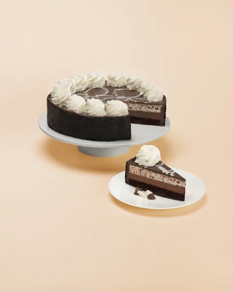 Chocolate Tuxedo Mousse — whole cake and plated slice