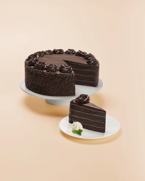 Fudge Cake — whole cake and plated slice