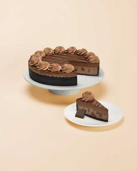 Godiva® Double Chocolate — whole cake and plated slice