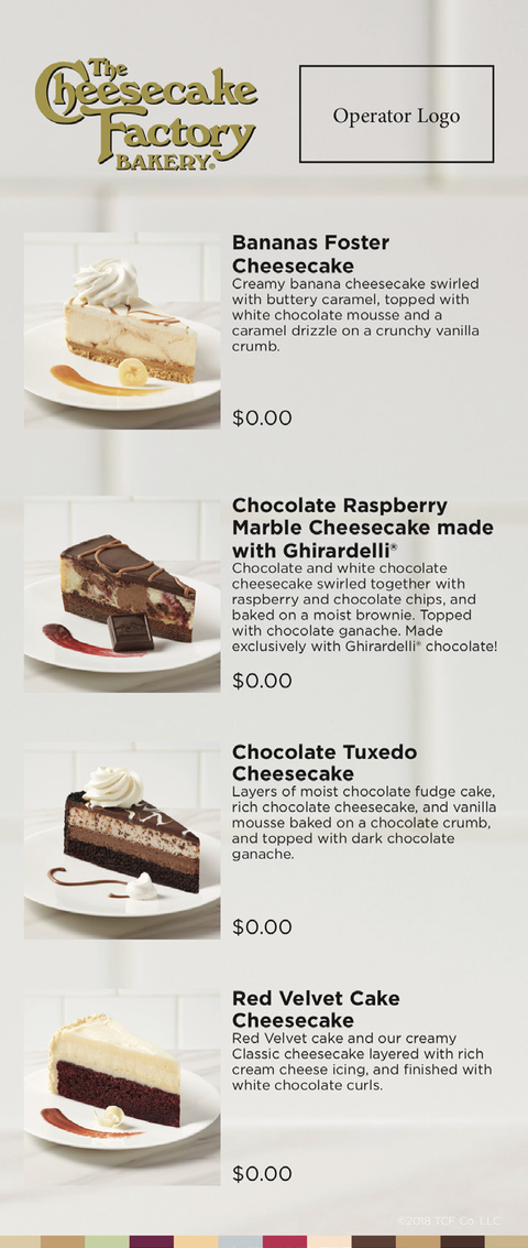The Cheesecake Factory Bakery narrow menu insert example with sample dessert listings