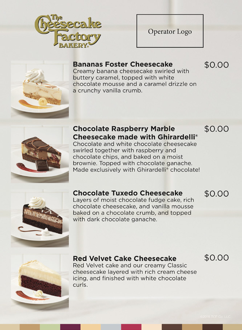 The Cheesecake Factory Bakery portrait menu insert example with sample dessert listings