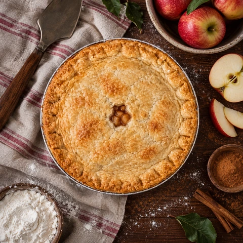 Whole apple pie photographed from above with apples and cinnamon